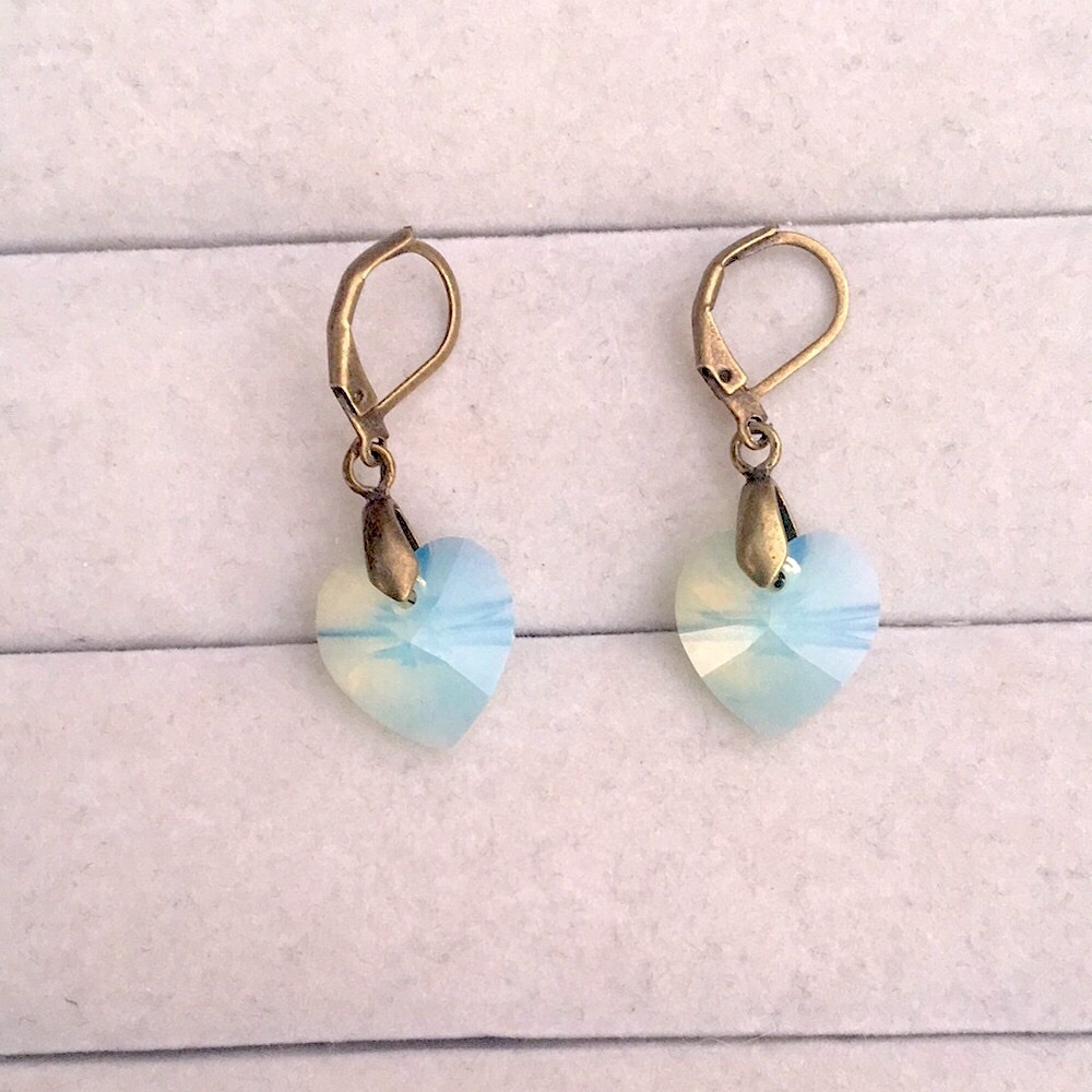 Chrysolite Opal + Antique Brass Crystal Heart Drop Earrings - Picture 4 of 4